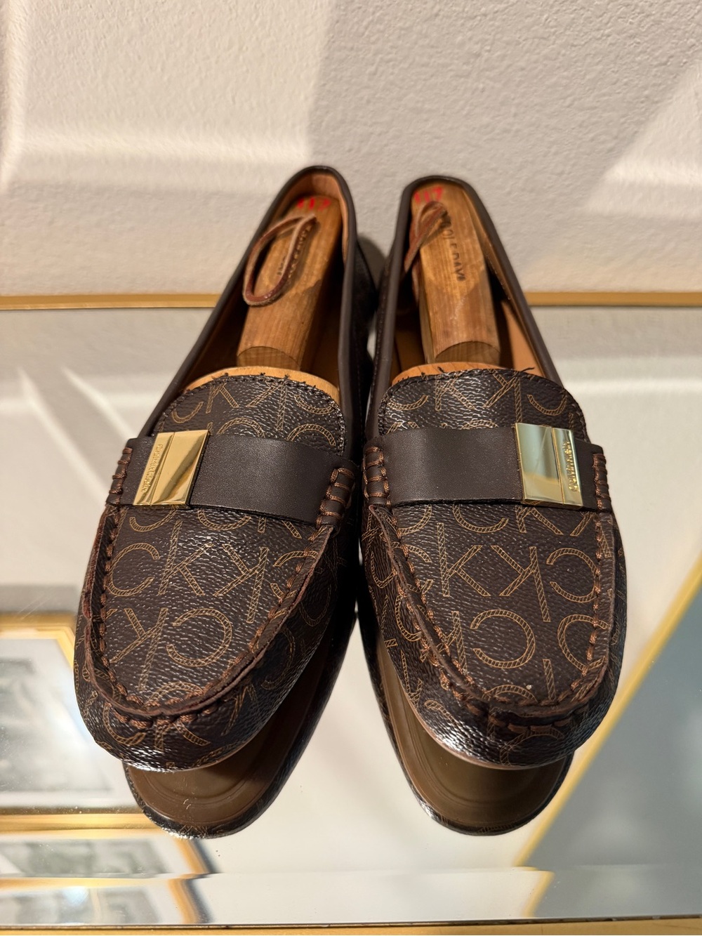 Calvin Klein Brown Logo Leather Loafers with Gold Accent